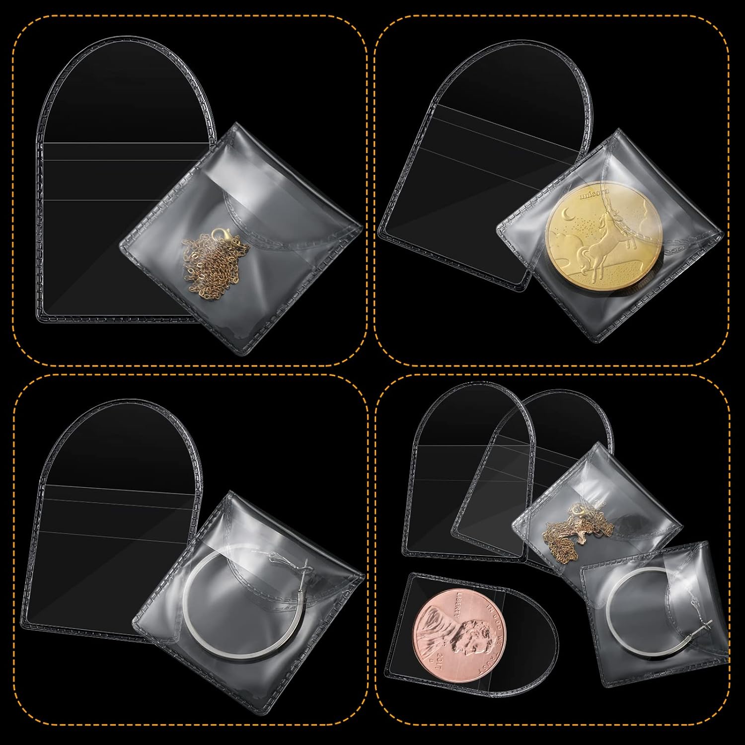 150 Pcs Single Pocket Coin Sleeves Currency Bill Holders Clear PVC Individual Sleeves Holders Coin Holder Currency Bills Protector Plastic Coin Pouch (Polygon, 2.2 x 2 Inch)
