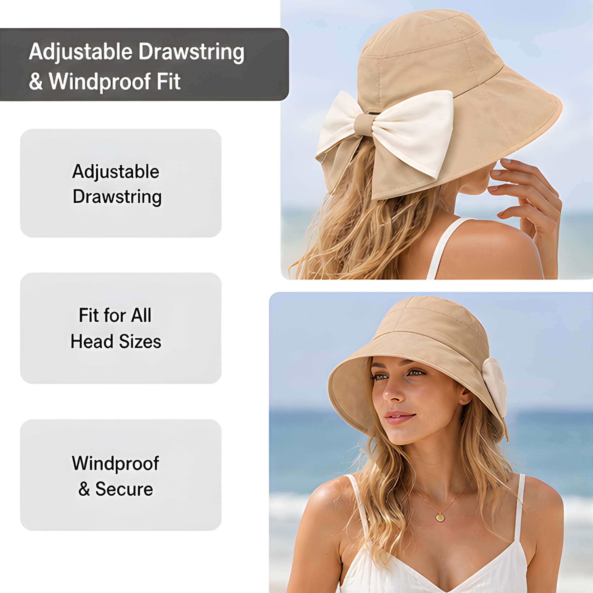 Cappello da donna con fiocco a tesa larga, protezione solare a 360° dai raggi UV e dal sole, cappello pieghevole a coda di cavallo, regolabile, ripiegabile, capanna estiva da spiaggia con