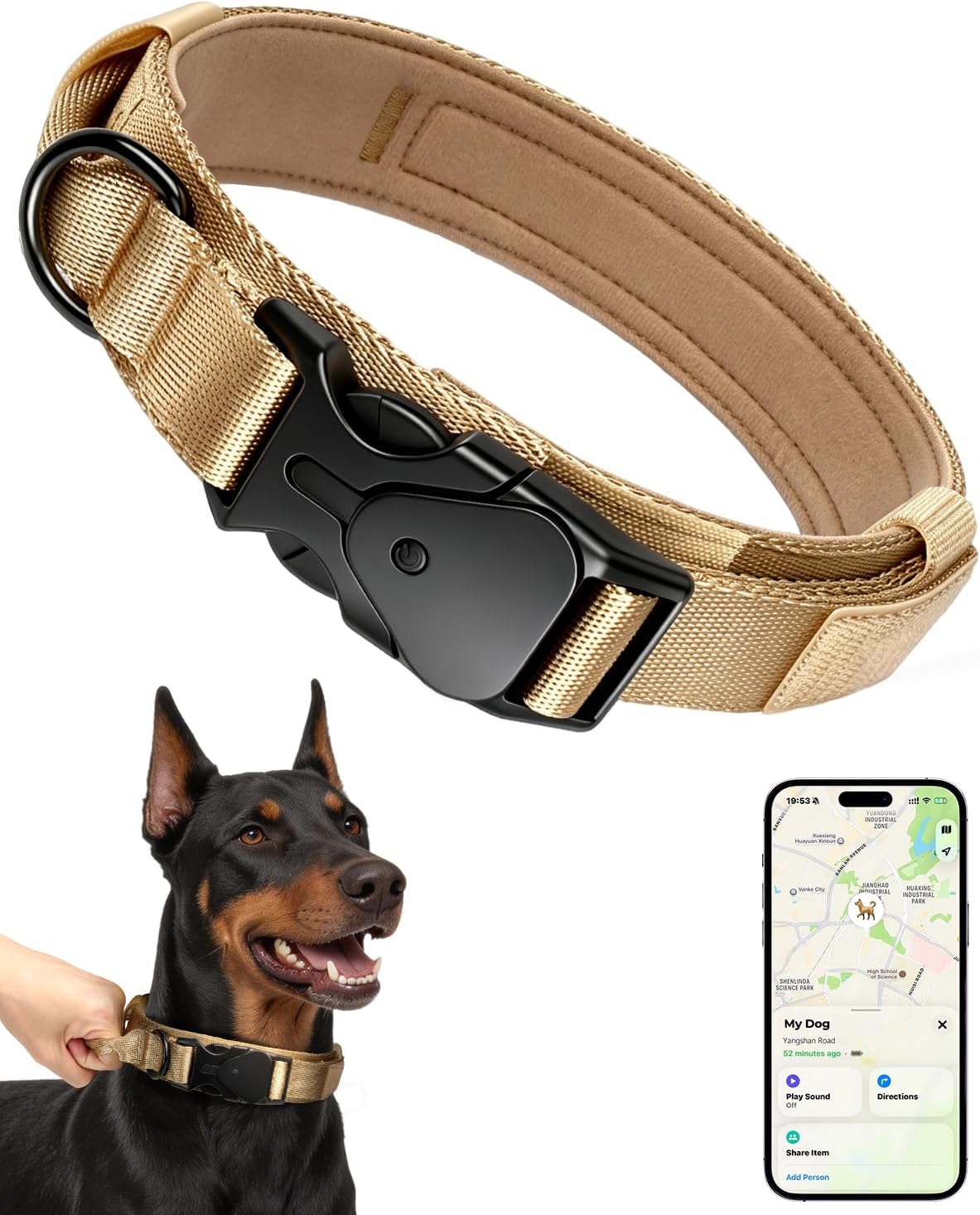 Tactical GPS Dog Collar (iOS Only), Mini Bluetooth GPS Dog Tracker, GPS Tracker for Pet No Monthly Fee, Compatible with Apple Find My, Anti-Lost, Finder Tag for Kitten Puppy Khaki M (15"-18.5")