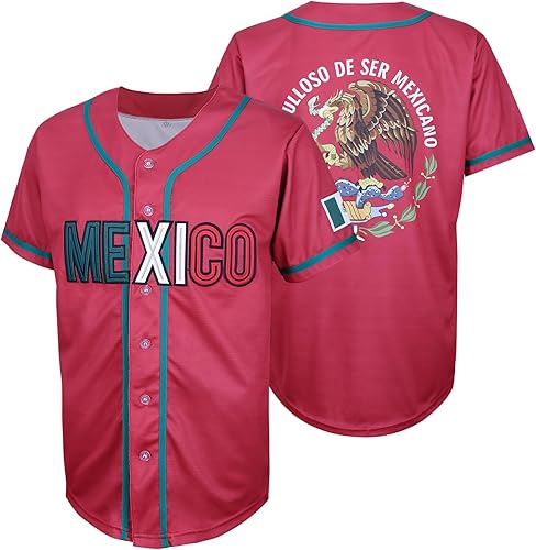 Camiseta de béisbol de manga corta para hombre, color rojo mexicano, con botones y bandera mexicana, Orgulloso De Ser Mexicano