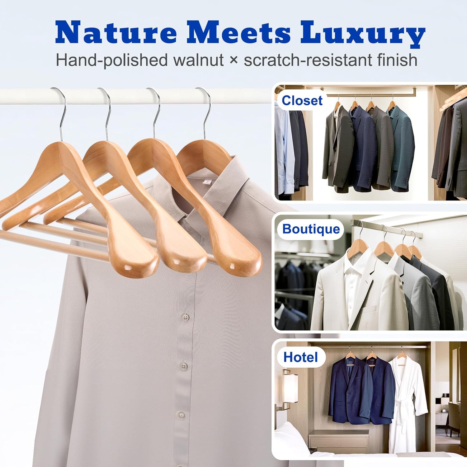 HOUSE DAY Wide Shoulder Wooden Hangers 12 Pack, Wood Suit Hangers for Men with Non Slip Pants Bar, Smooth Finish Solid Wood Coat Hanger for Jacket, Pants, Dress, Heavy Clothes Hangers (Natural) - Image 7