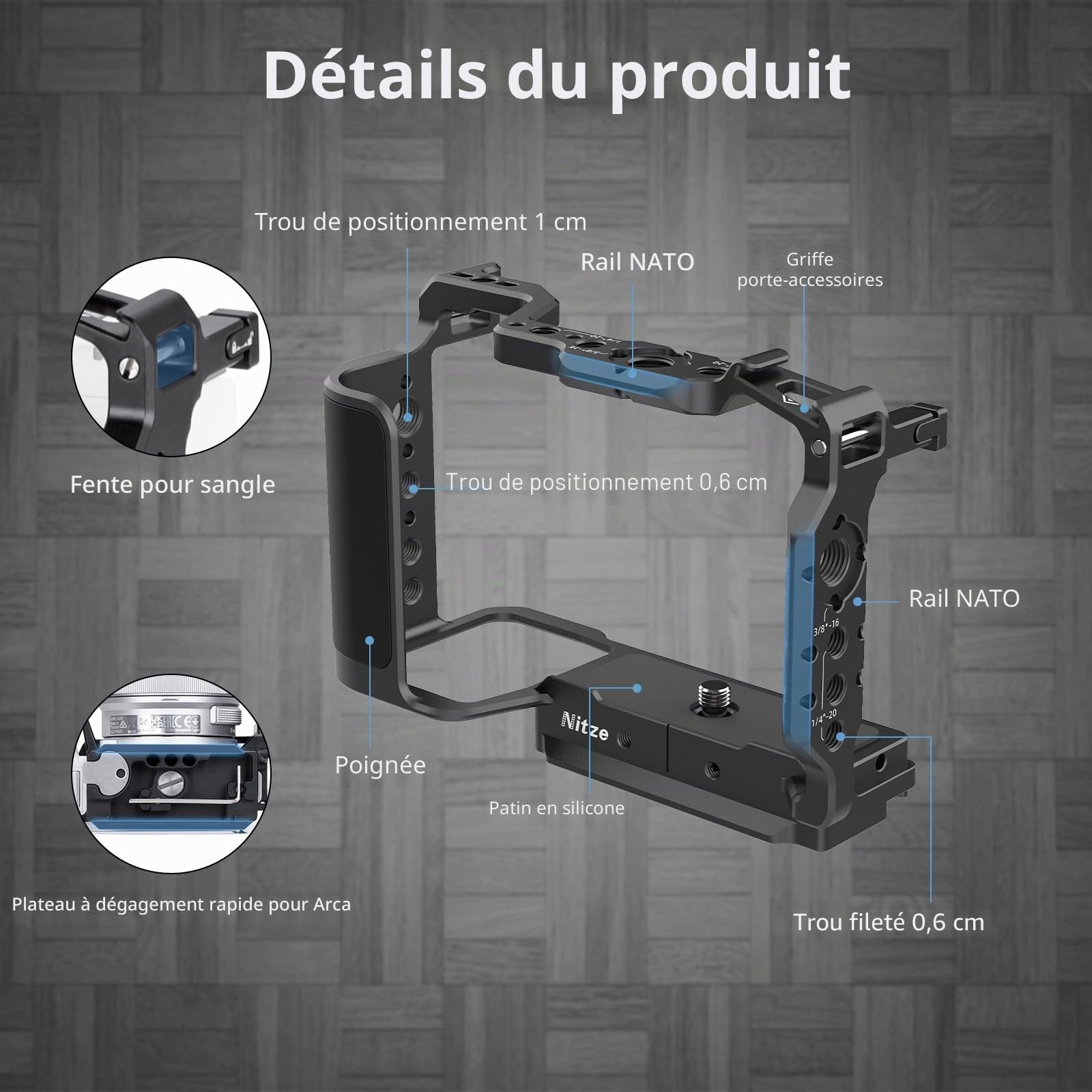 Nitze ZV-E10 II Cage pour Caméra Sony ZV-E10 II, avec 2 Rails NATO Intégrés, Cold Shoe Intégré, Poignée Ergonomique, Plaque de Fixation Rapide pour Arca-Swiss - T-S14A