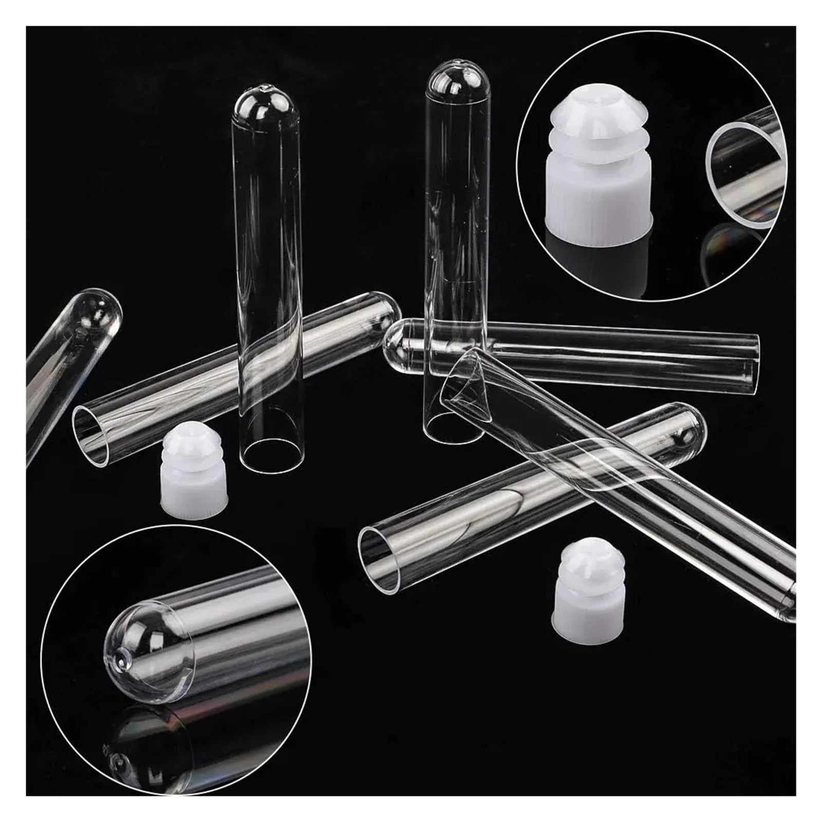 yingyingjia 60 Stück 16 x 100 mm Reagenzgläser aus Kunststoff mit Kappen und 1 Gestell, 13 ml klare Reagenzgläser mit Halter for wissenschaftliche Laborexperimente, 1 Set