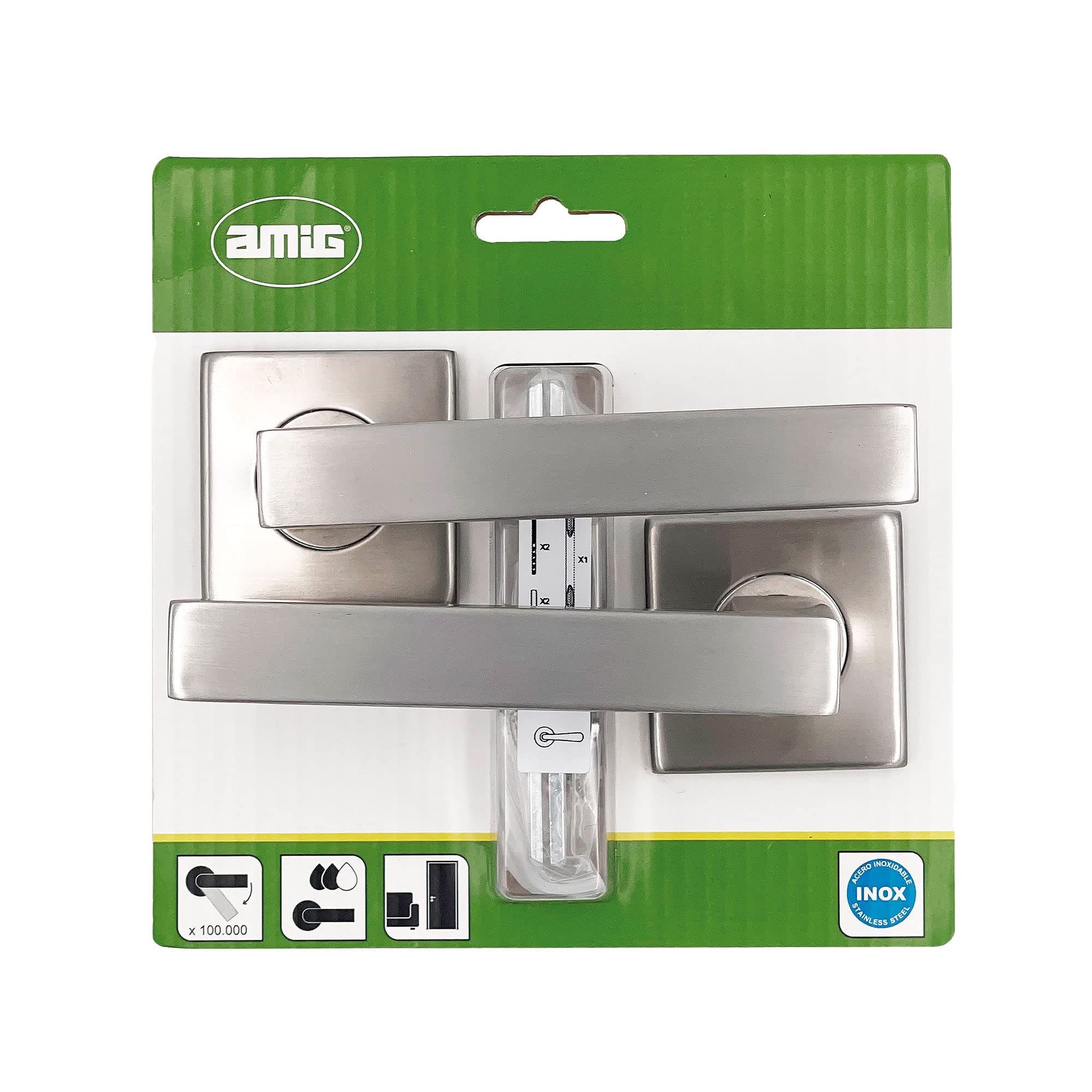 Amig - Set di Maniglie con Rosetta Interna per Porte | Mod. SUKI | 54 x 54 mm | Quadretto da 8 mm | Design Elegante e Semplice | Acciaio Inossidabile | Argentato Opaco (Confezione da 2)
