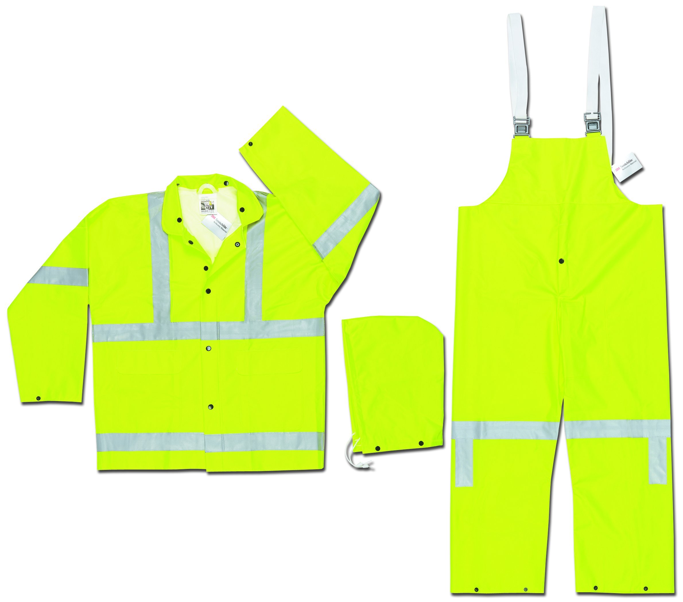 MCR Safety 2083SRM Luminator Class 3 PVC/Polyester 3-Peice Suit with Detachable Hood and 3M Reflective Material, Fluorescent Lime, Medium