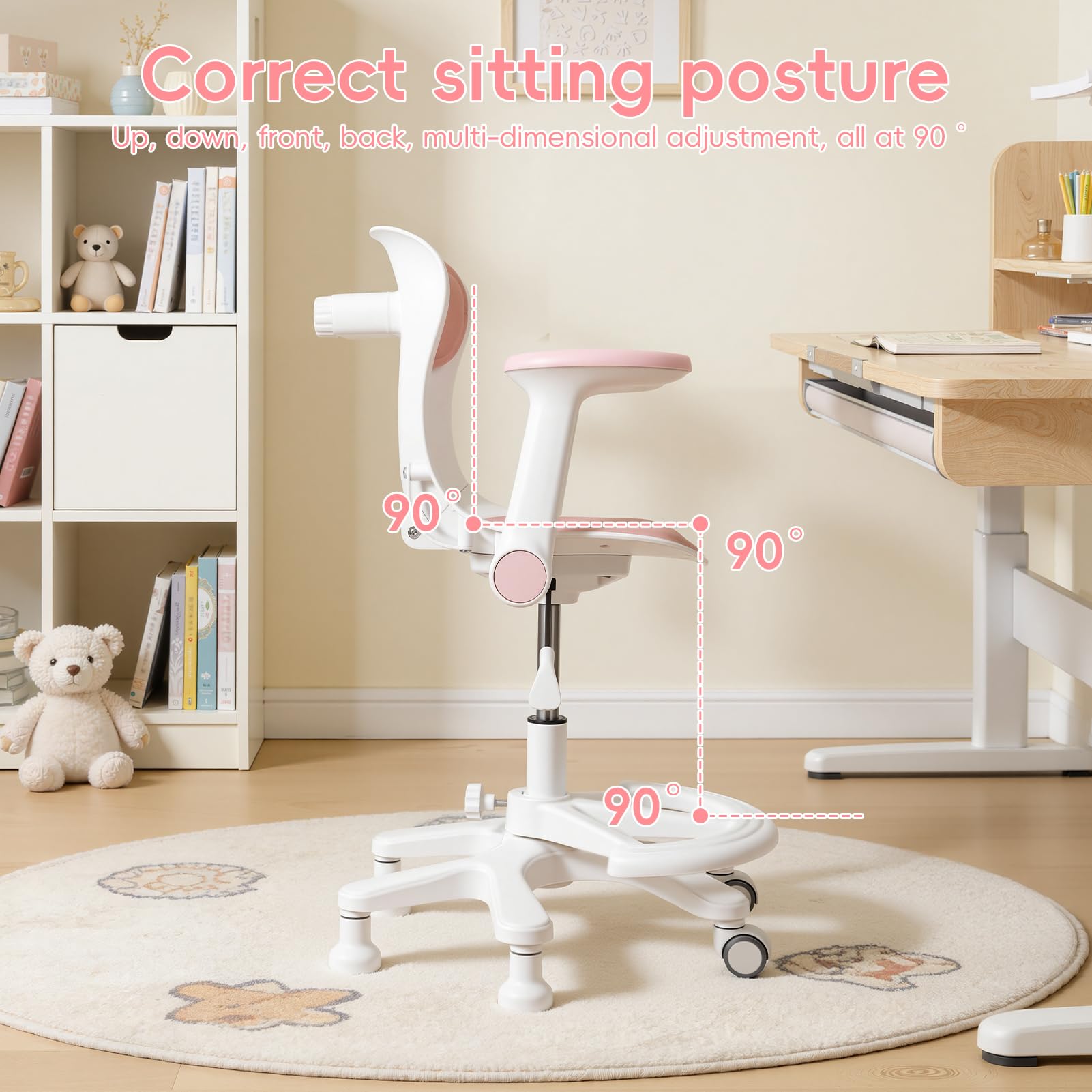 Chaise de Bureau Enfant, Siege Enfant reglable, Fauteuil Etude Ergonomique pivotant 360 degres, Hauteur Ajustable, accoudoirs relevables, Repose Pieds, Chaise Ordinateur Garcon Fille (Pink)