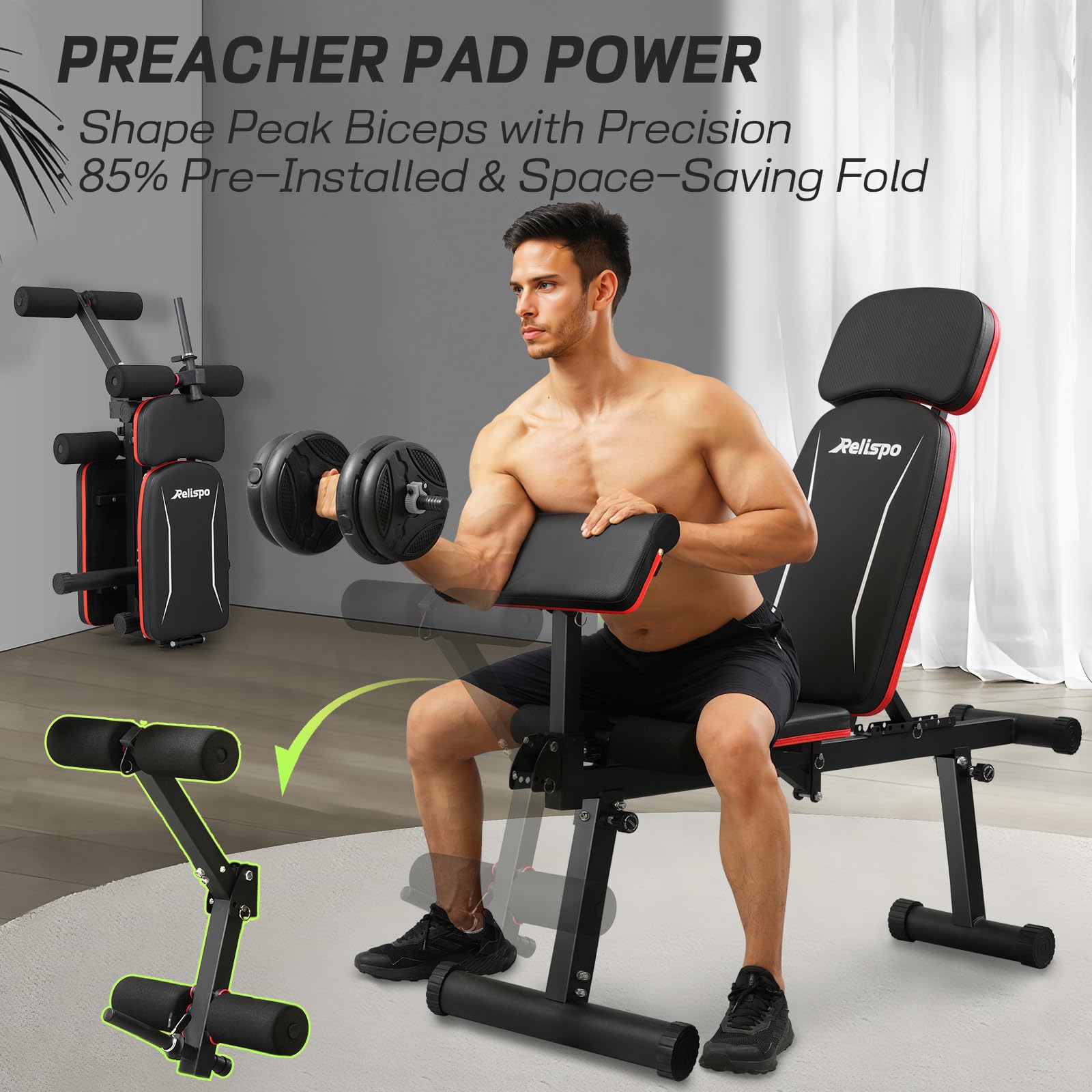 Adjustable Weight Bench with Leg Extension and Leg Curl, 1200 lbs | Foldable Workout Bench, Flat Incline Decline Design, 9 Back Positions, Preacher Pad, Full-Body Strength Training for Home Gym