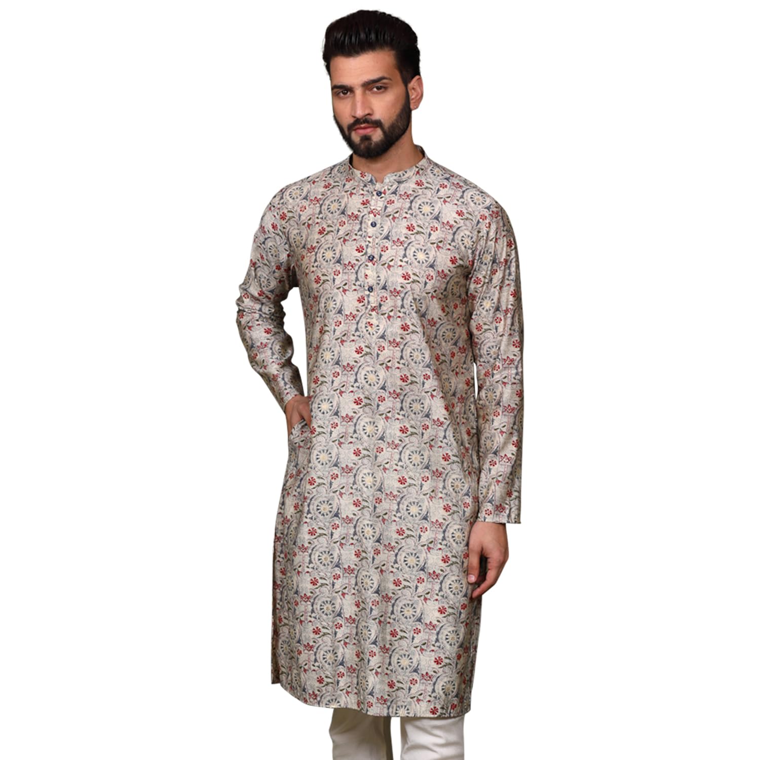 Kisah Men Multicolor Kurta, Cotton, Full Sleaves, Knee Length, Straight, Regular Fit, Mandarin Collar Ethnic Wear