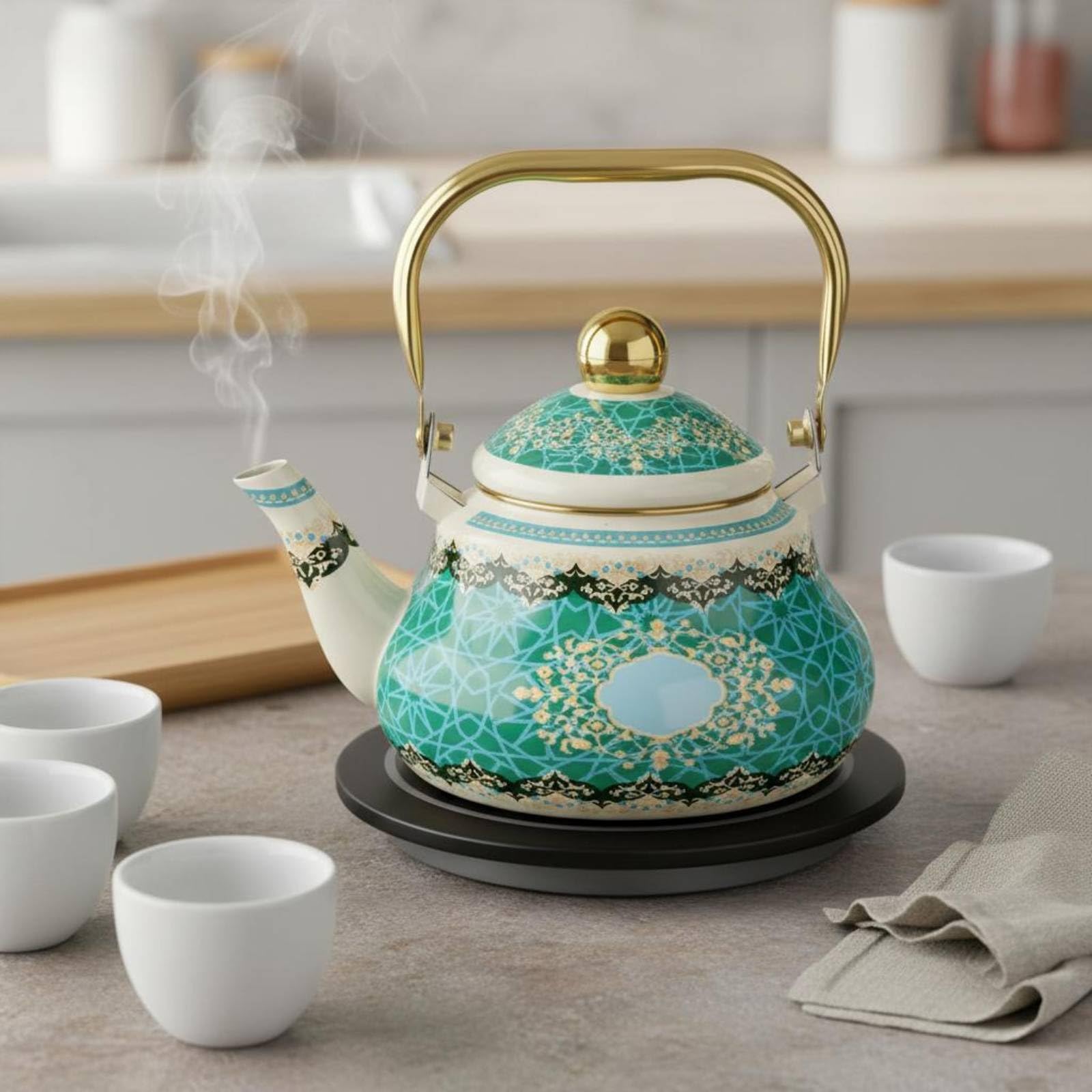 Emaillierte Teekanne leicht zu reinigen -weißer Teekanne leichte Reinigung Emaille- für Teestunde, Küche, 1.5L, Amerikanischer Retro-Stil, Kaffeemotive