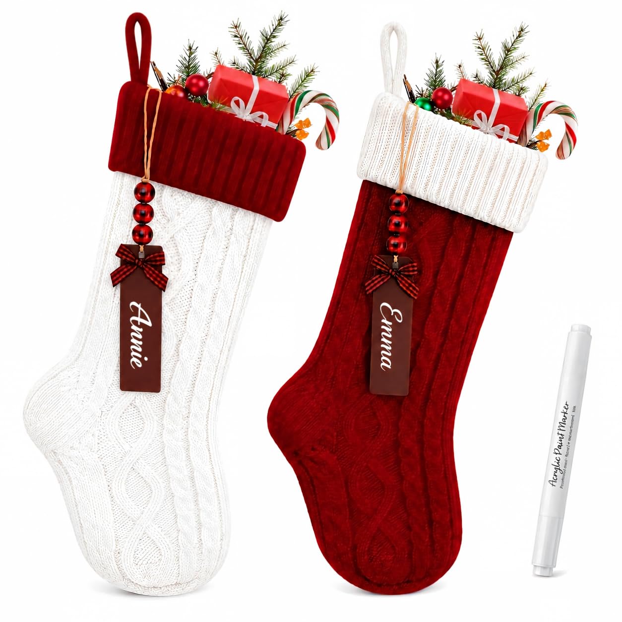 2Pcs Personalised Christmas Stocking, 18 Inch White Large Knit Christmas Stockings with Wooden Name Tags Marker Pen, Hanging Xmas Socks for Kids Family Holiday Fireplace Tree Santa Decorations