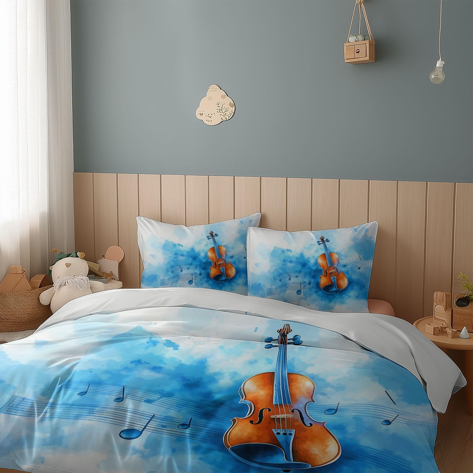 Zestaw poszewek na kołdrę 90 x 190 cm Akwarela Nuty skrzypcowe Zestaw pościeli jednoosobowej i 2 poszewki na poduszki 65x65 cm, 100% komplet pościeli z mikrofibry z zamkiem błyskawicznym