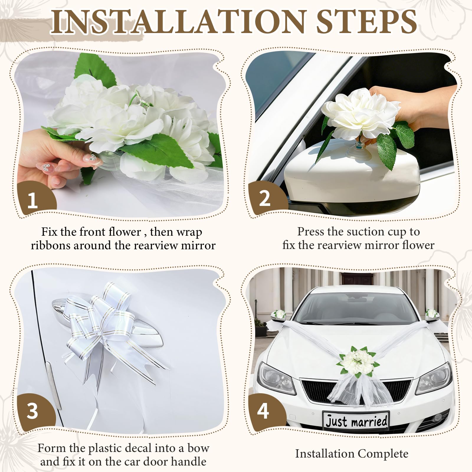 Decorazione Auto Matrimonio, Set con 1 Fiore per Paraurti Anteriore, 1 Nastro di Tulle (4,7m), 2 Fiori per Specchietti, 4 Nastri Decorativi, ecc. – Adatto alla Maggior Parte dei Modelli