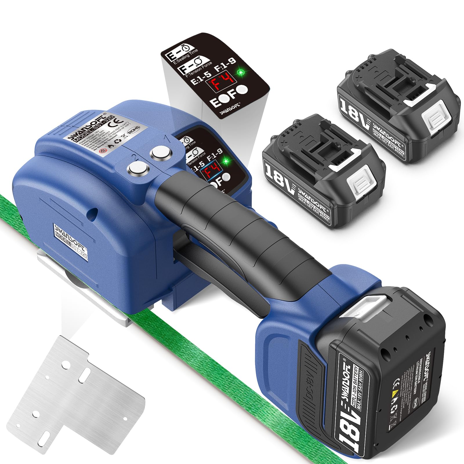 SWANSOFT Elektro-Umreifungsgerät für 14-16 mm PP-/PET-Band mit Digitaldisplay, 2 x 5000 mAh Akku, automatisches Packwerkzeug für Kartons und Paletten