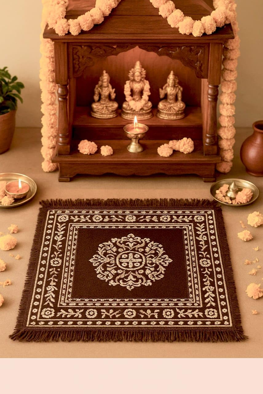 RVS DECOR Prayer Mat | Cotton Aasan | Meditation Carpet | Pooja Aasan | Traditional Prayer Mat | 18x18 inch Size | Brown Color-image-5