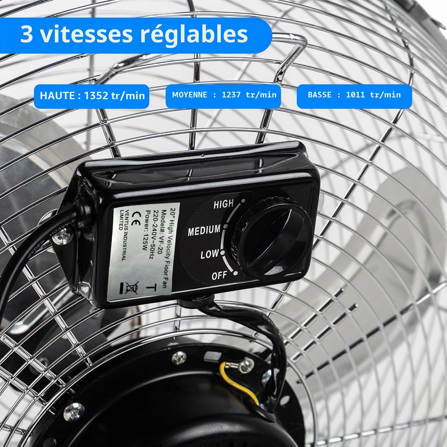 Dawoo Ventilateur de Sol - 45cm Brasseur d'air de à 3 Vitesses Avec Fonction d'inclinaison 95W Ventilateur Puissant (Chromé)
