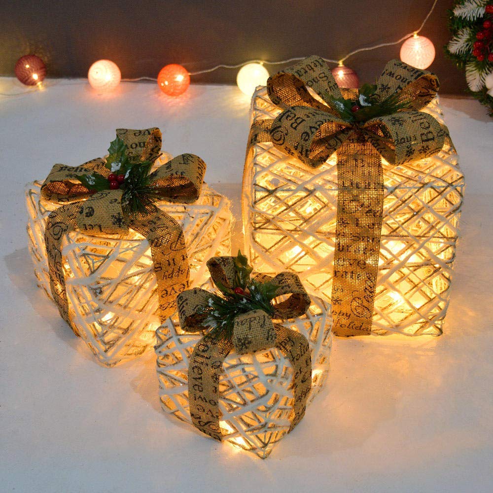 Ornamenti di Natale Scatole regalo, Set di 3 scatole regalo natalizie decorative in rattan LED, ferro, luci bianche calde, set di pacchi natalizi(A)