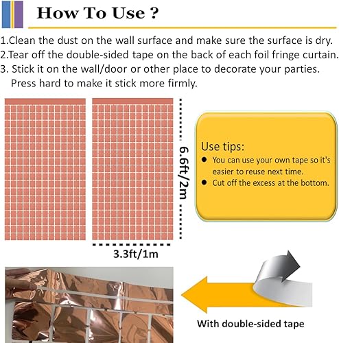 Miniatura 3 de Cortina de telón de fondo de flecos cuadrados de oro rosa, 2 piezas, cortina de oropel metálica para cumpleaños, boda, graduación, despedida de