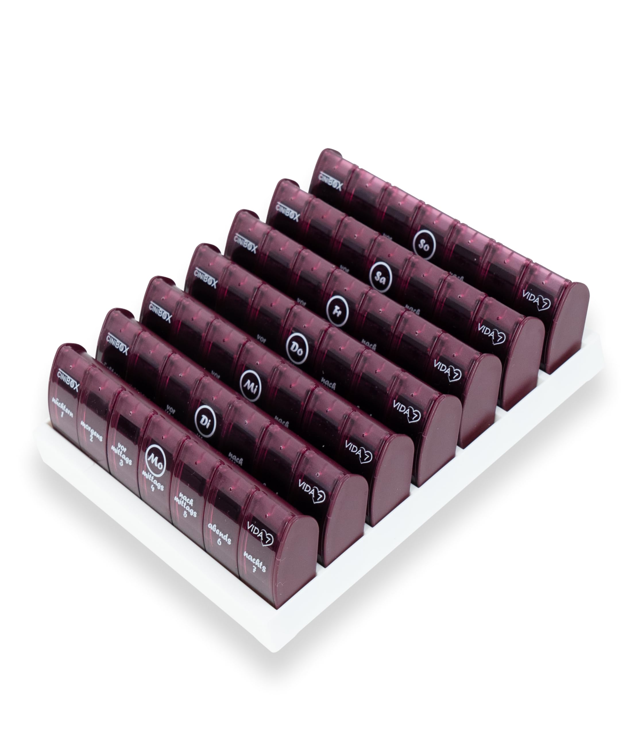 CINIBOX VIDA 7 Pilulier 7 jours – Bordeaux – Pilulier & boîte à médicaments avec 7 compartiments chacun – Facile à ouvrir et à fermer en toute sécurité – Sans BPA et adapté à un usage alimentaire