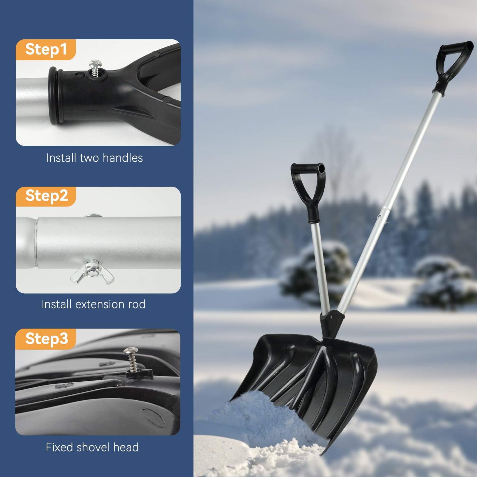 BACOENG Pala para Nieve, Punta de Pala de 450mm, con Manijas Auxiliares en Forma de D-Compatibles con La Ergonomía, Palas de Nieve Metálicas Carriles Jardín