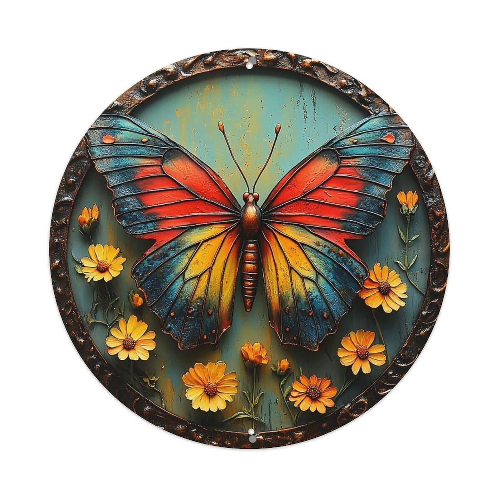 Butterfly Wings Flowers Metal Round Metal Tin Sign Vintage Wall Decor, Bar Garage Cafe Kitchen Home Wall Art Poster 8x8inches