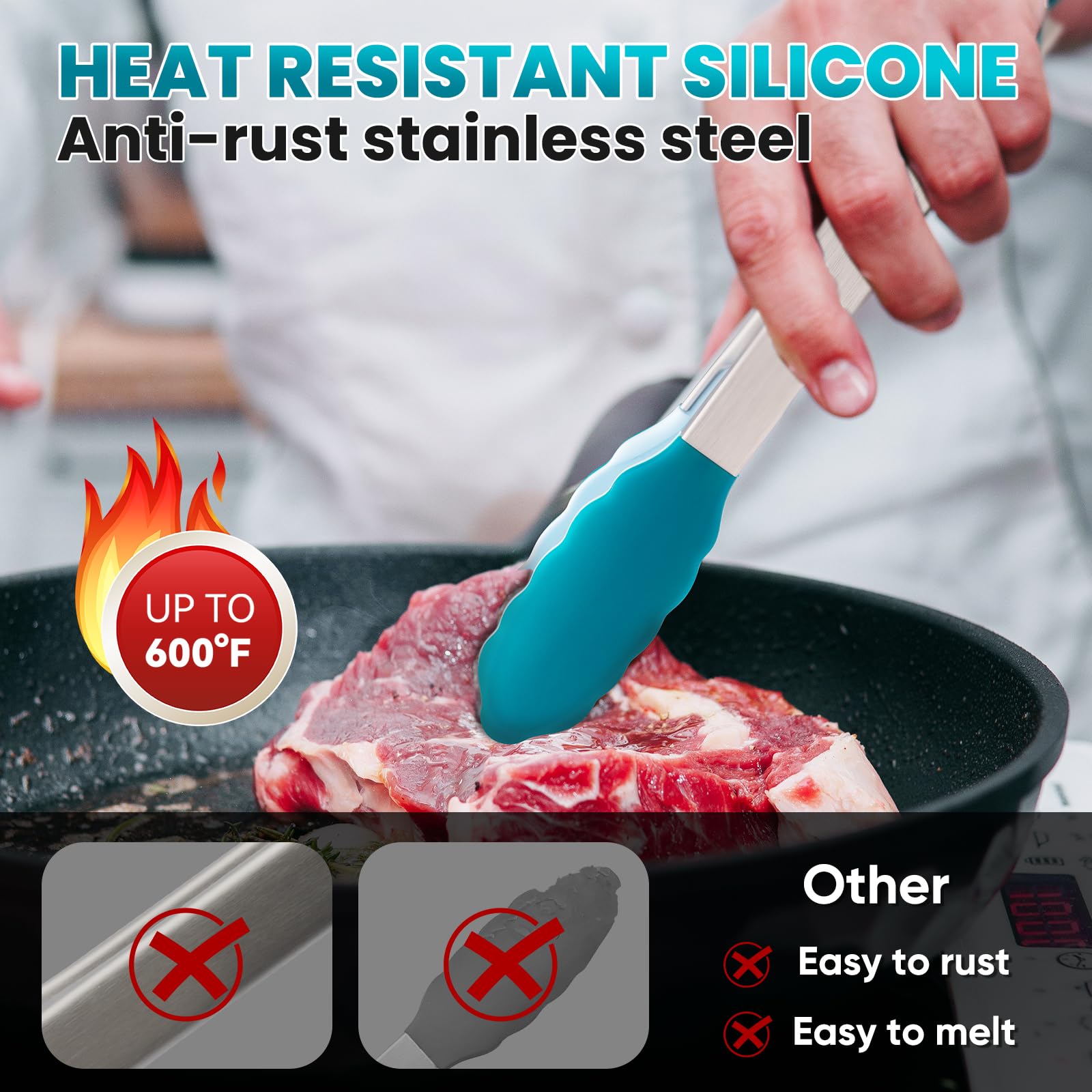 Pinzas de cocina resistentes al calor de 315.6 °C para cocinar con puntas de silicona, pinzas de cocina de acero inoxidable de 12 pulgadas para barbacoa, cocinar, ensalada y servir alimentos,