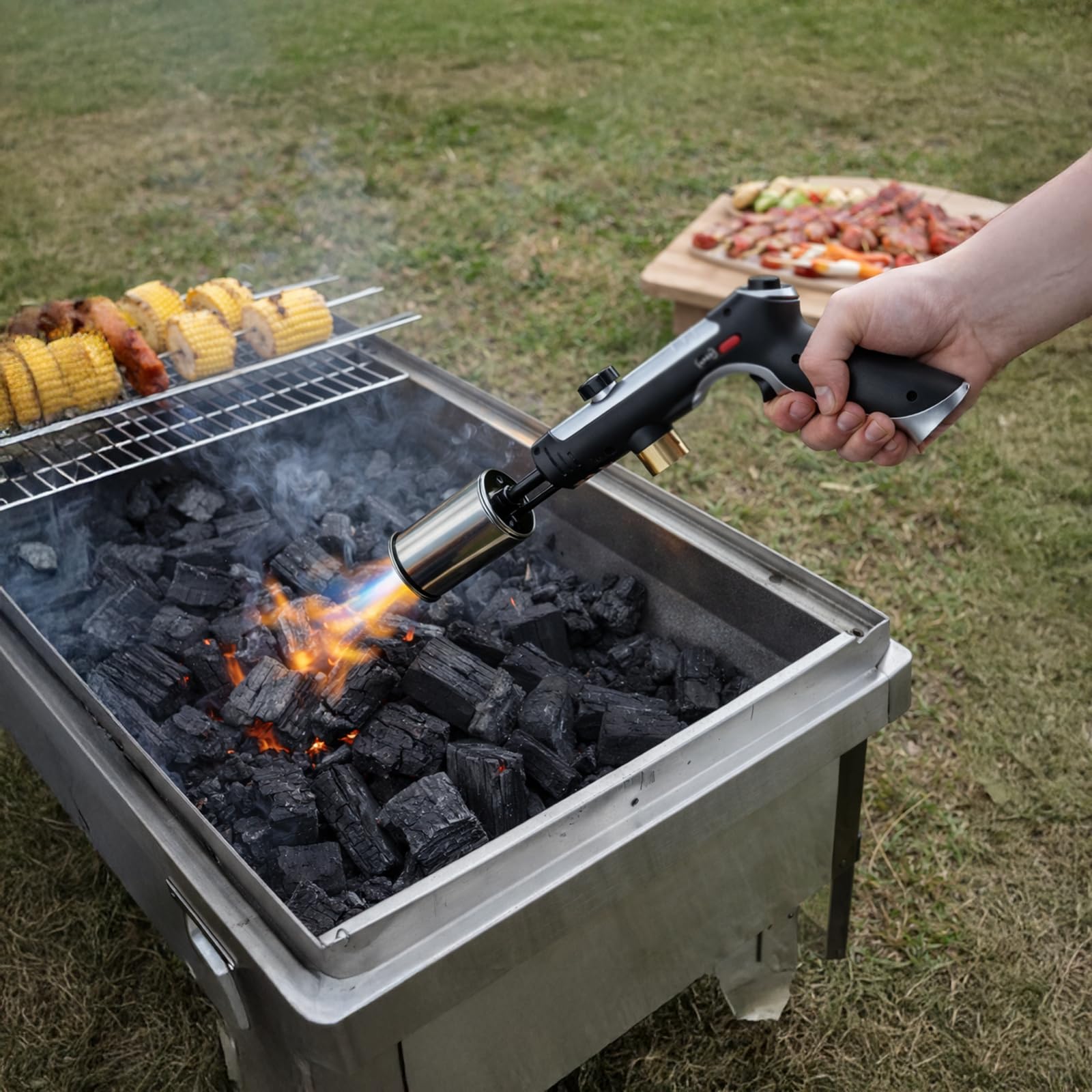 Pistolet do palnika propanowego, regulowana zapalniczka płomieniowa o wysokiej temperaturze z zamkiem bezpieczeństwa, palnik z metalową obudową do 3272°C / 1800°C, długi palnik 35,4 cm do grilla