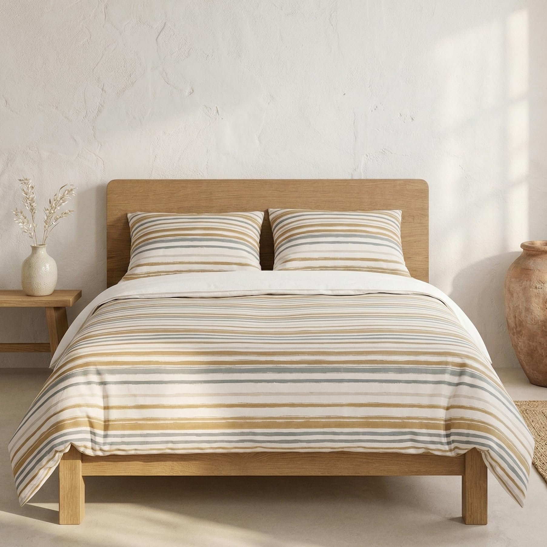 Duvet Cover Set 100% Cotton Stripes for 135/140 cm Bed, with Pillowcases, Blue/Mustard, Reversible, No Filling Included.