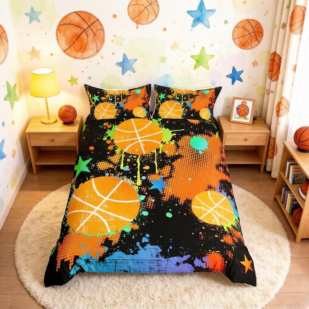 Loussiesd Basketball Duvet Cover Tie Dye Bedding Set Colorful Graffiti Style Comforter Cover for Kids Boys Girls Teens Sports Competitive Games Bedding & Linen Super King With 2 Pillow Case — image 1
