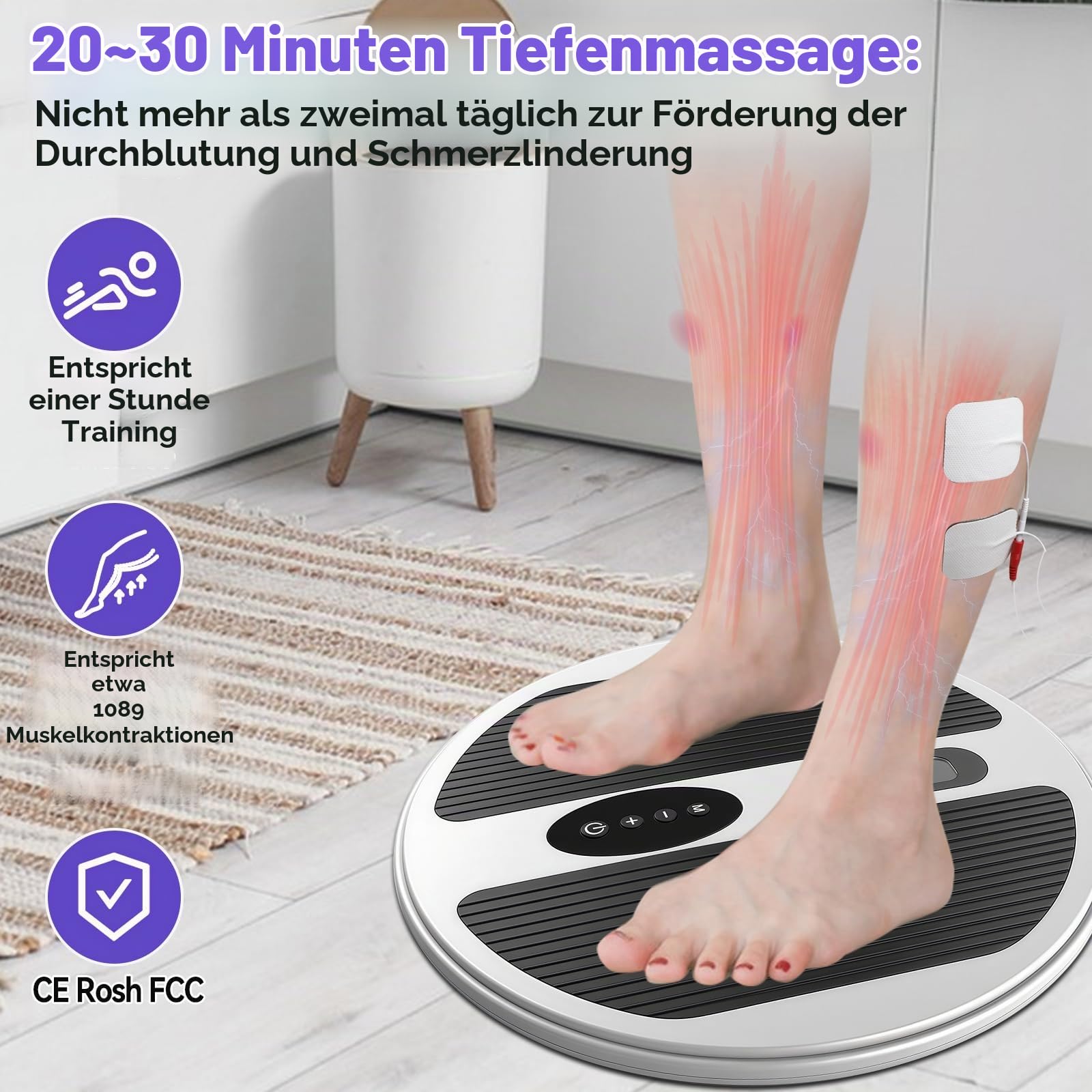 Durchblutungsstimulator für Füße & Beine, EMS & TENS Fußmassagegerät zur Blutanregung mit 4 TENS Pads zu 20 Vibrations Geschwindigkeiten, 12 Modi – Reduziert Schwellungen in Füßen und Knöcheln