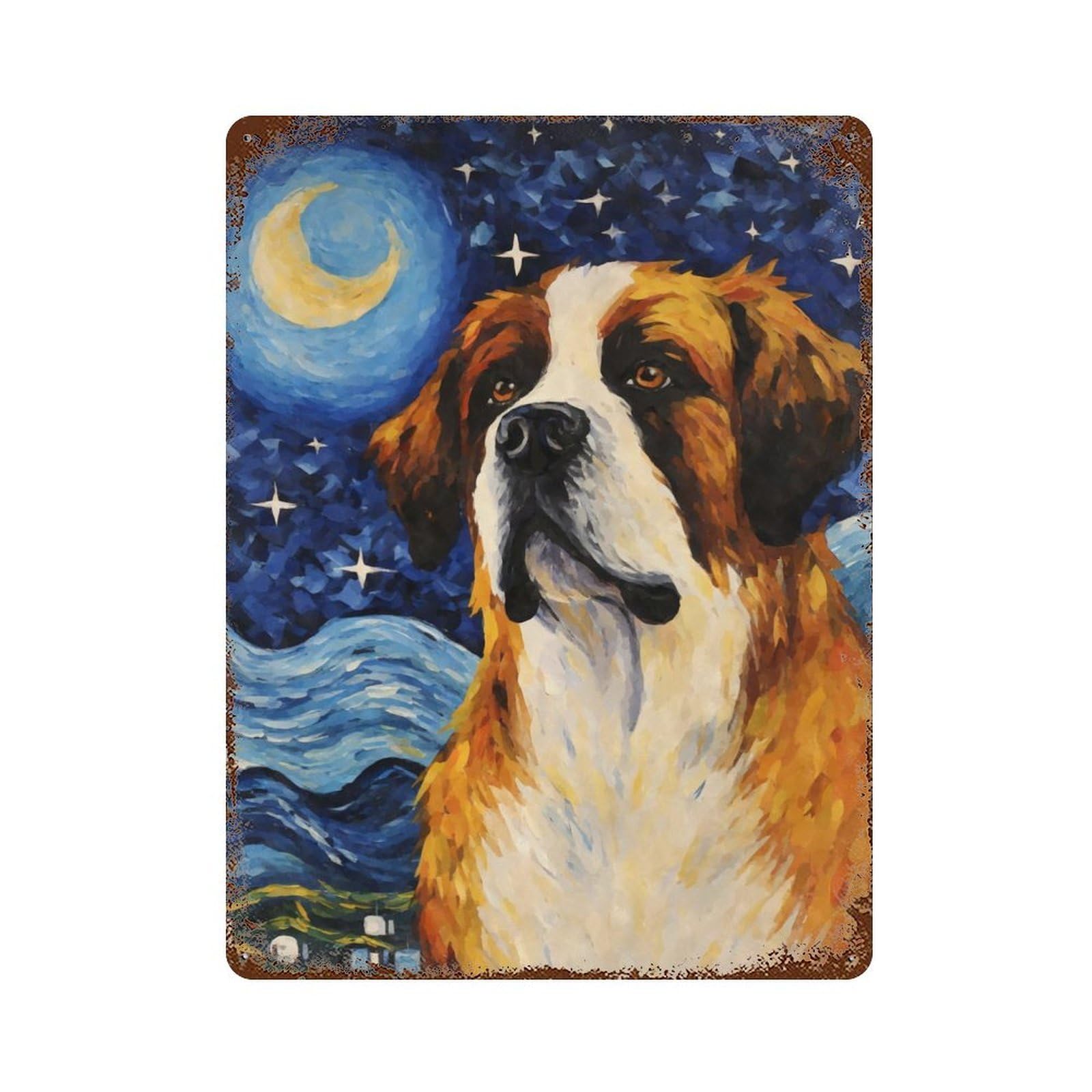 Saint Bernard Starry Night 15.7"x11.8" Vintage Rust Metal Sign, Shabby Chic Decor for Garage, Bar And Workshop Decor