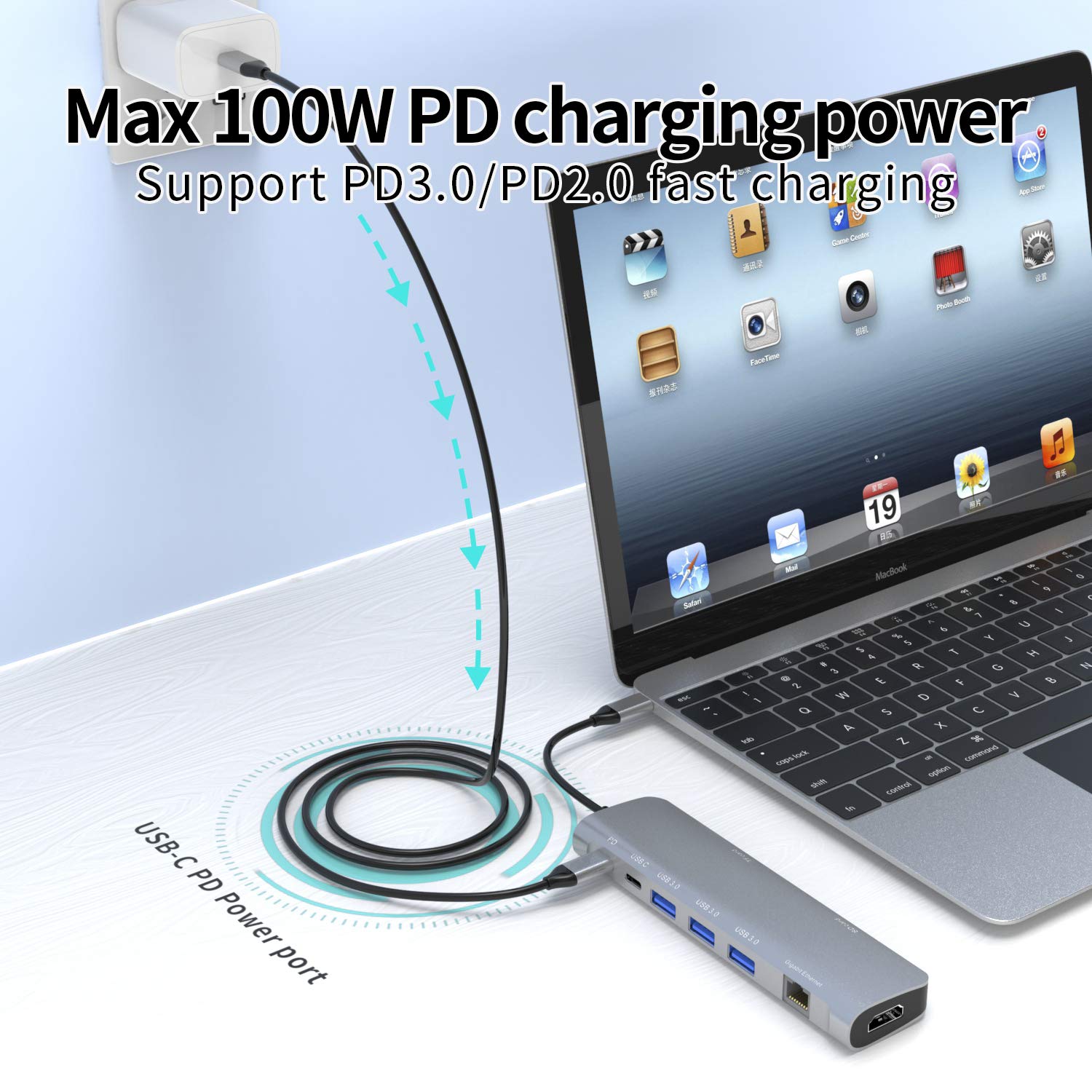 HUB C USB 9 w 1 z HDMI 4K, PD 100 W, USB C, USB 3.0, Ethernet RJ45, czytnik kart SD/TF, stacja dokująca, kompatybilny z MacBook Pro/MacBook Air, XPS, Chromebook i innymi urządzeniami