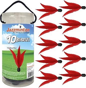Jazzminton Red Birdies 10 Pack - الريشة للعب البطيء مع المجاذيف الخشبية - لعبة مجداف ممتعة للداخل