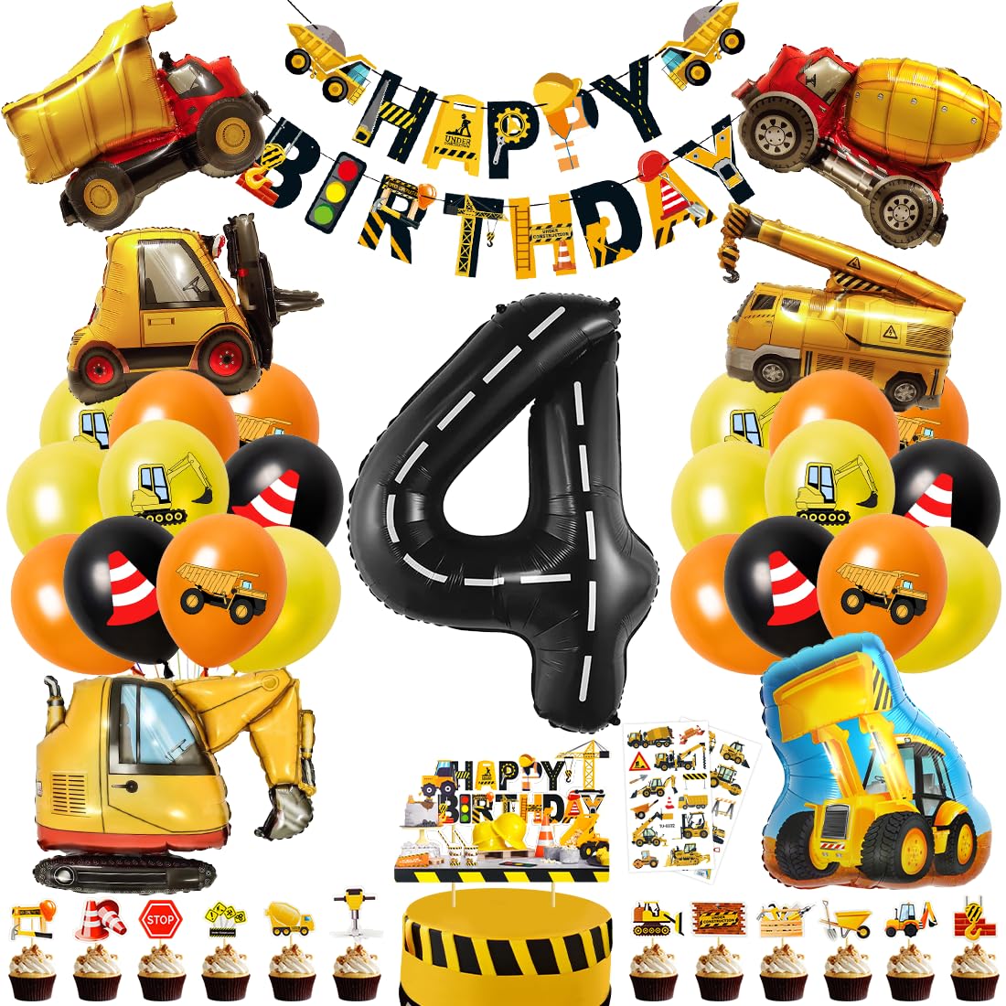Cadimus Bagger Deko Kindergeburtstag 4, Baustelle Geburtstag Deko 4 Jahre, Bagger Geburtstagsdeko 4 Jahre, Baustelle Luftballons Geburtstag mit Happy Birthday Banner und Tortendeko