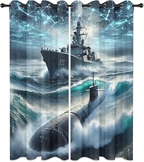 Modern American Navy Battleships Curtains-Watercolor Nautical US Submarine Army Warships Blackout Thermal Insulated Window Curtain Grommet Room Darkening Curtains-31.5W x 72L 2 Panels