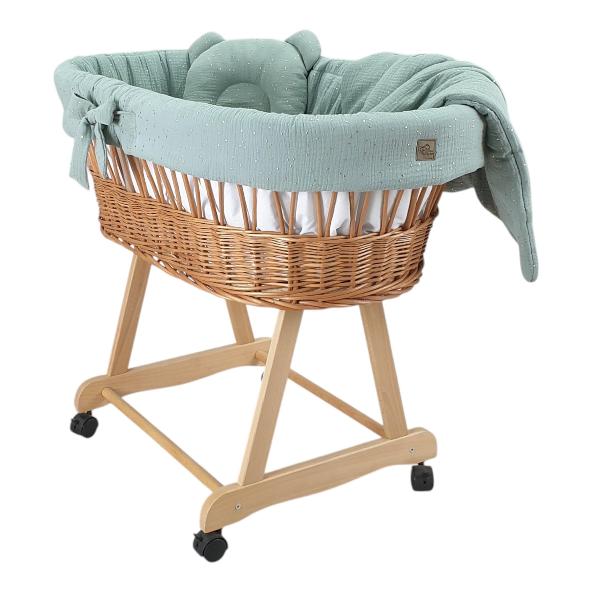 WIKLINOPOL Baby Stubenwagen – Komplettset mit Natur Moseskorb, Matratze & Bettwäsche aus 100% Baumwolle in Khaki Gold – sicherer Schlafplatz mit Rollen & Bremse – Modell Amelia