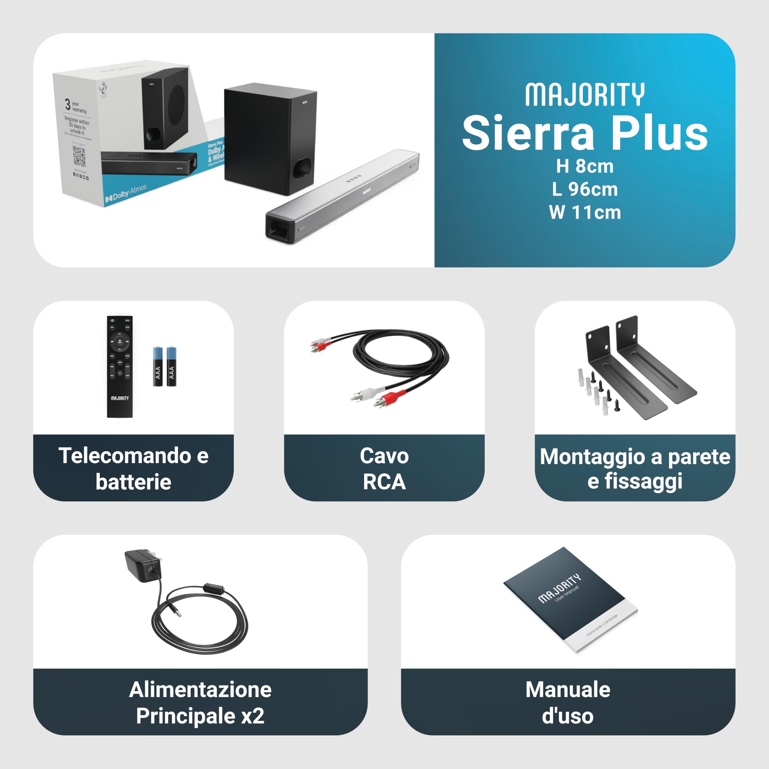 Majority Sierra Plus 2.1.2 Soundbar Dolby Atmos | 400 W con subwoofer wireless | Suono surround con altoparlanti rivolti verso l'alto | Multiconnessione incluso HDMI Arc