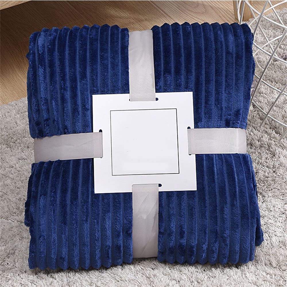 Enen Dark Blue Ribbed Cord Faux Throw Blanket Fur Coral Fleece Sofa Bed Throwover Soft Touch Blanket Stripe Flannel Blanket For Sofa Bed Office Use (120X200cm,)