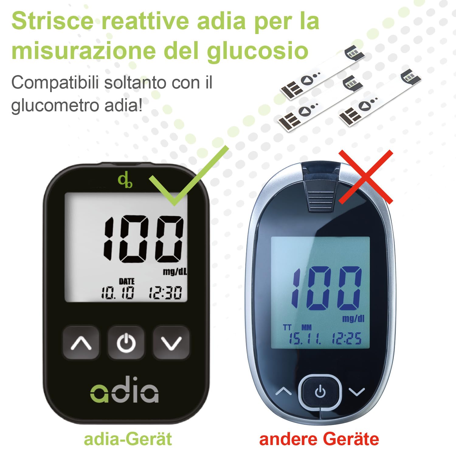 Strisce reattive adia (200 pezzi), pacco convenienza per monitorare la glicemia in caso di diabete (valori di zucchero elevati nel sangue), fabbricate per il glucometro adia (non apparecchio)