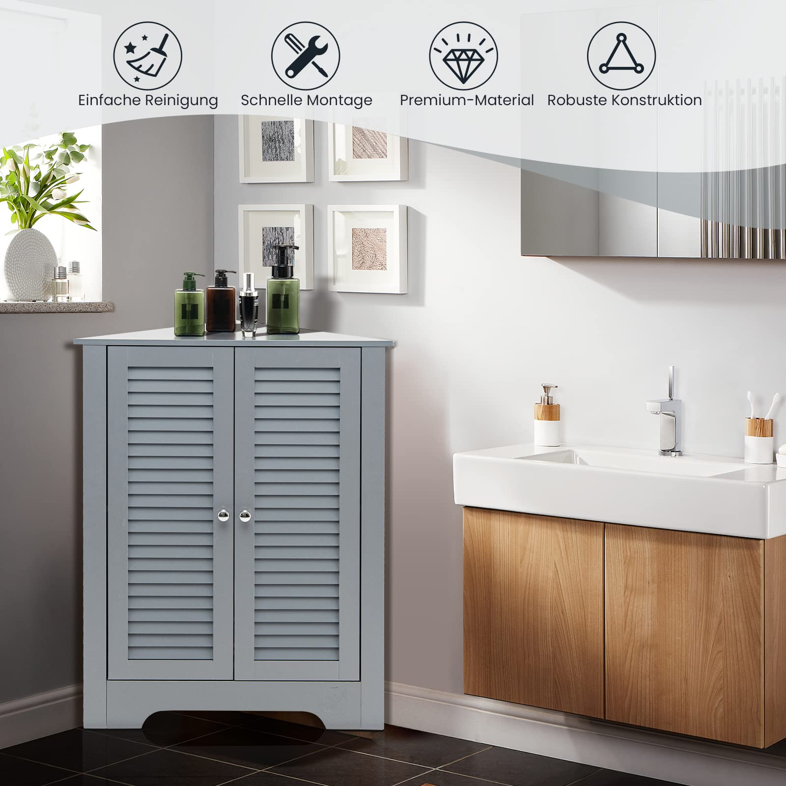 COSTWAY Badezimmerschrank Ecke, Eckschrank Bad mit 2 Lamellentür, Badschrank Unterschrank Holz, Aufbewahrungsschrank für Badezimmer, Küche, Wohnzimmer, 45 x 45 x 81,5 cm, grau