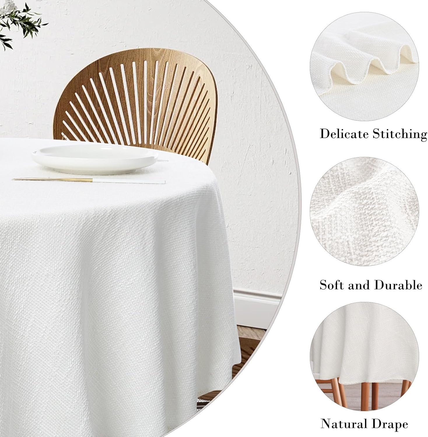 Rakila Linen Textured Round Tablecloth Solid Color Cotton Linen Heavy Duty Fabric Water Resistant Table Cover for Dining, Farmhouse, Kitchen, Tabletop Decoration (78inch, Ivory)