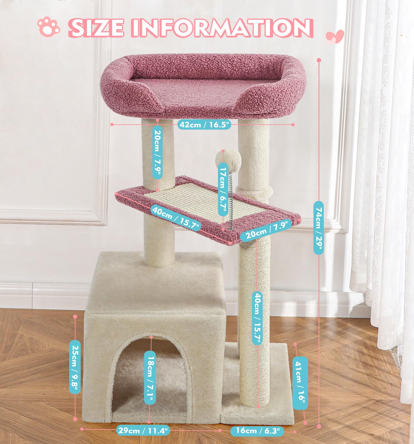 Cat Tower Wood Pink Cat Tree, Carpet Cat Tower Grey For Indoors