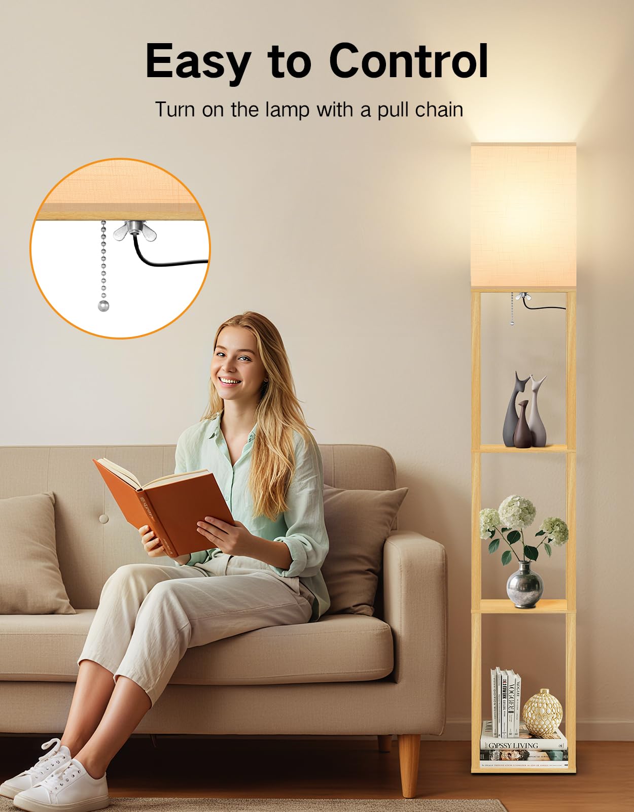 OUTON Stehlampe Holz mit Regal, 158 cm Stehleuchte, 3 Ablagen | 3 Farbtemperaturen, 9W E27 LED-Leuchtmittel, Stoffschirm für Wohnzimmer, Schlafzimmer, Büro, Flur, Gästezimmer