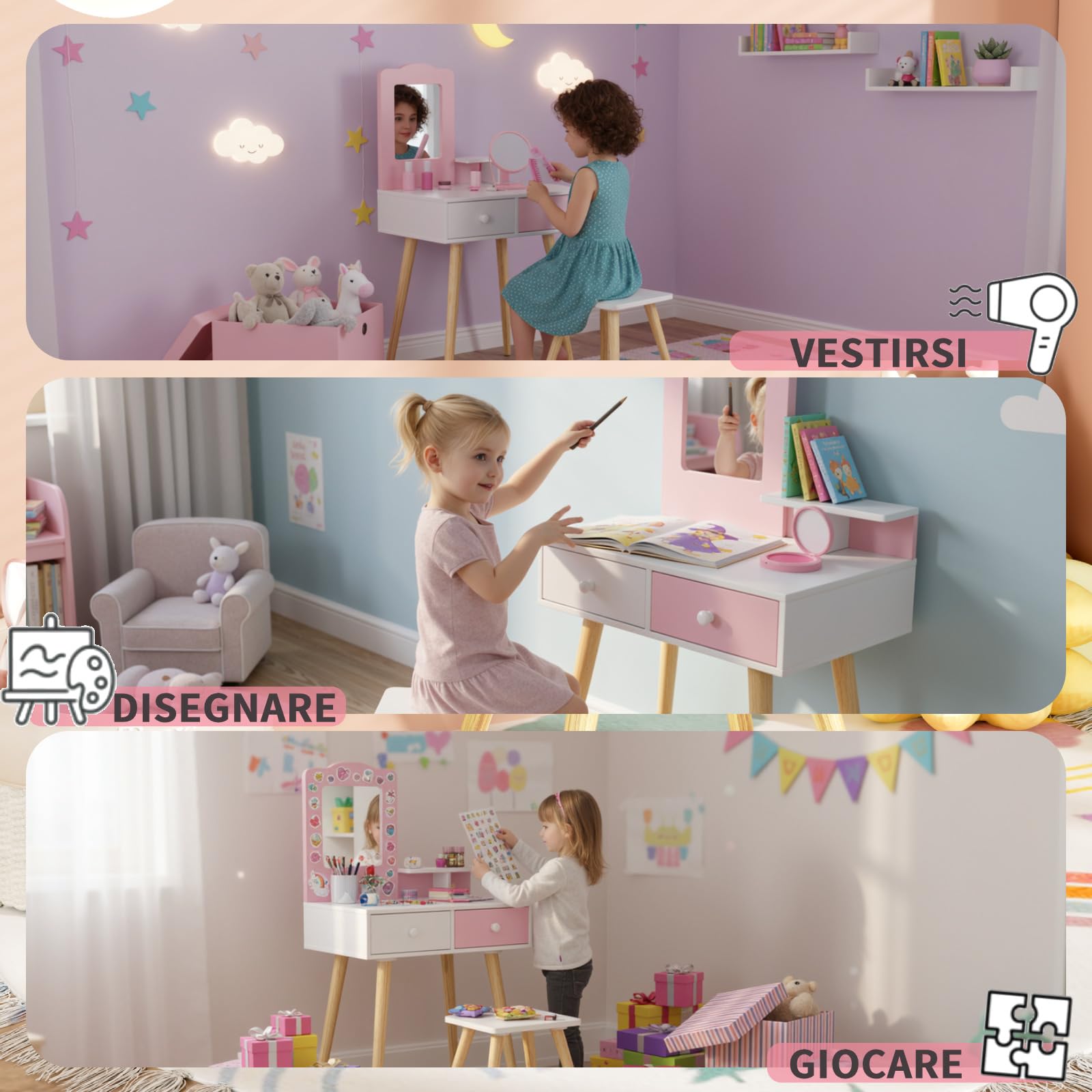 Clevich 2 in 1 Toeletta Trucco Bambina, Toeletta per Bambini con Specchio, 2 Cassetti, Scrivania in Legno con Sgabello, Robusto e Durevole, per Bambini dai 3-8 Anni, Rosa
