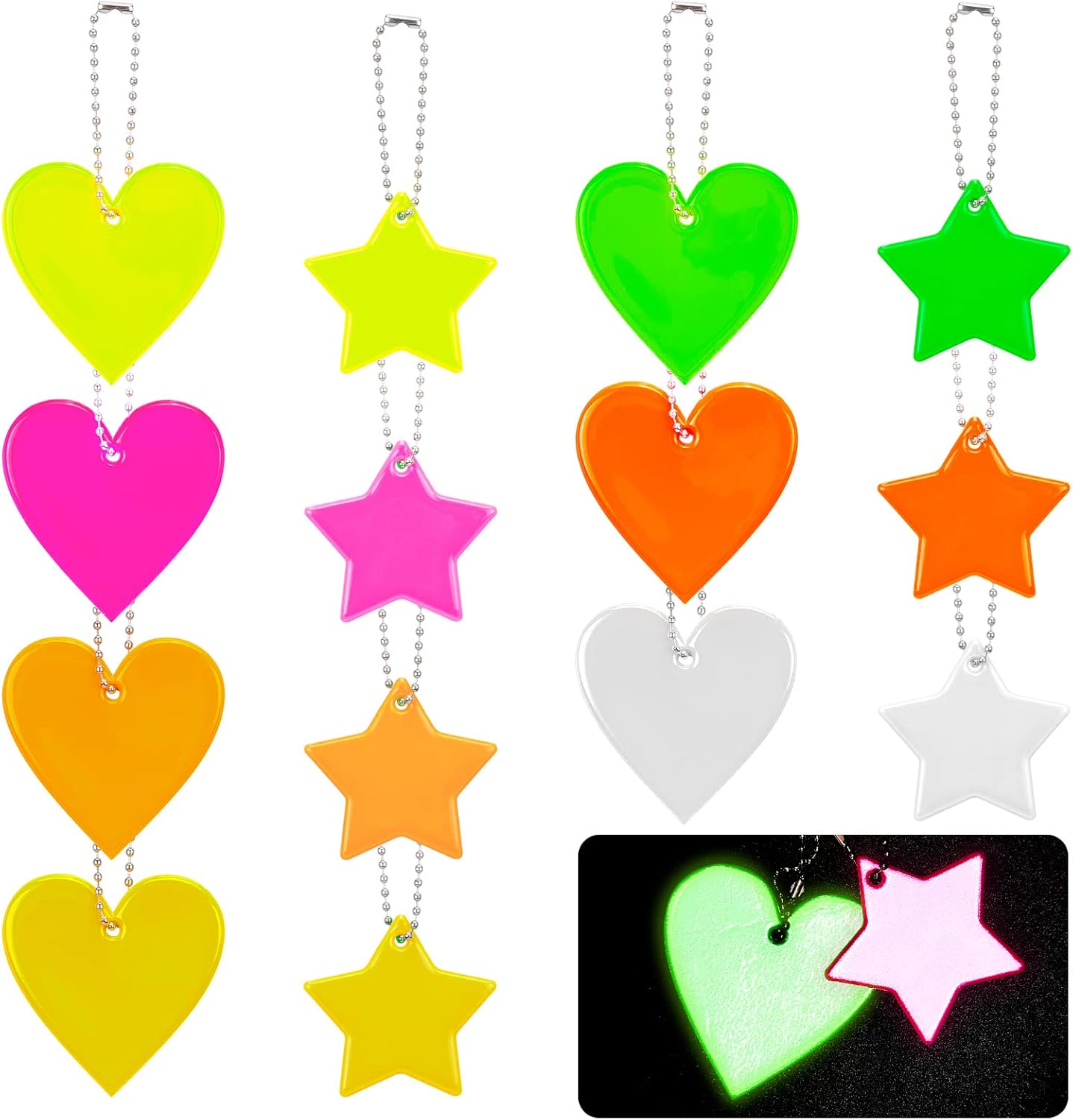 14 Piezas Colgantes Reflectores Seguridad, Colgante Reflectantes Infantil Llavero Reflectante Corazón y Estrella con Cadena de Bolas para Bolso Mochila Noche Ciclismo Corriendo