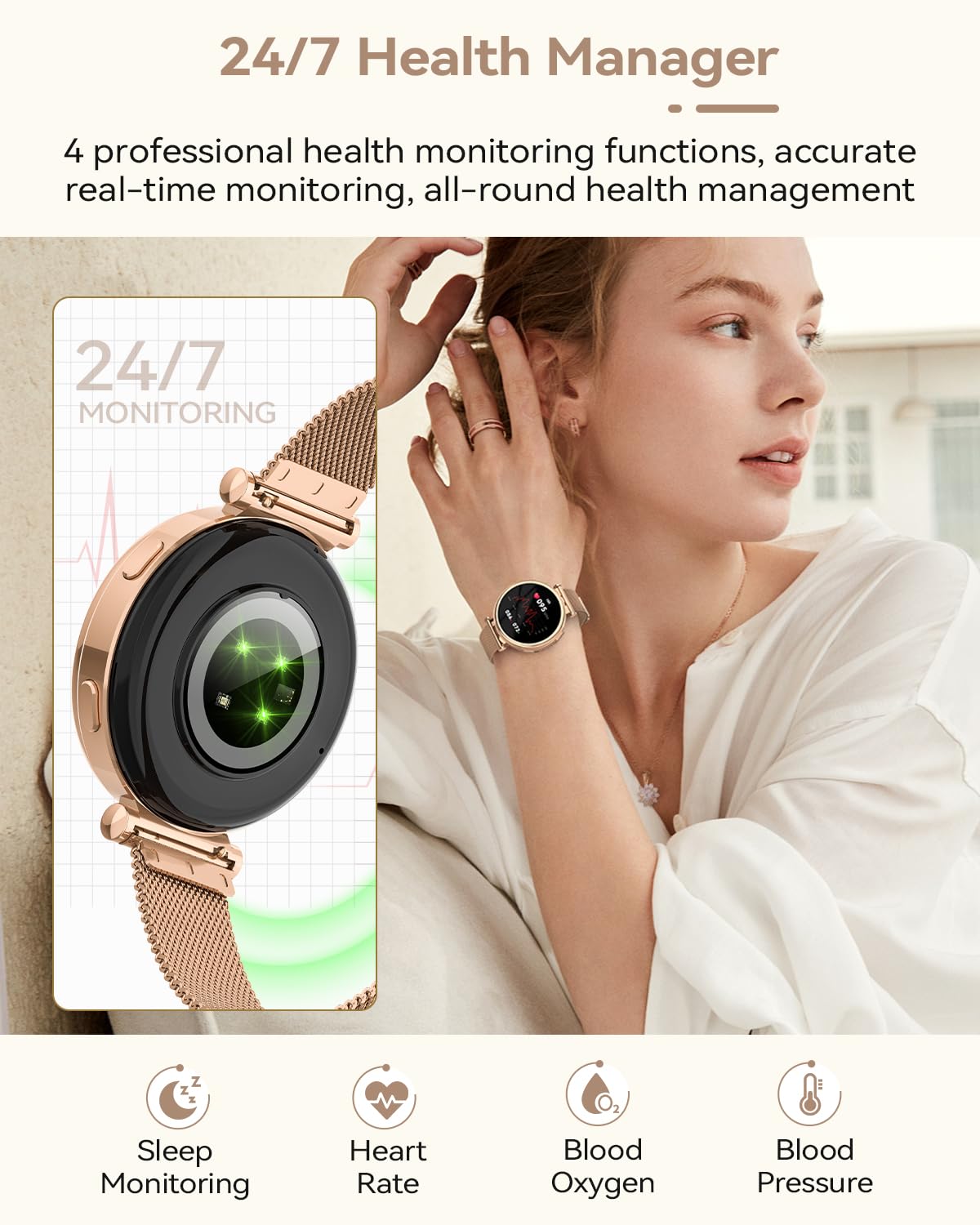 Fitnynxos Smartwatch Donna, 1.27" HD Orologio Smartwatch con Chiamate, 120+ Sport, 24h Cardiofrequenzimetro Ciclo Mestruale SpO2 Sonno IP68 Contapassi Notifiche WhatsApp per iOS Android Oro Regalo