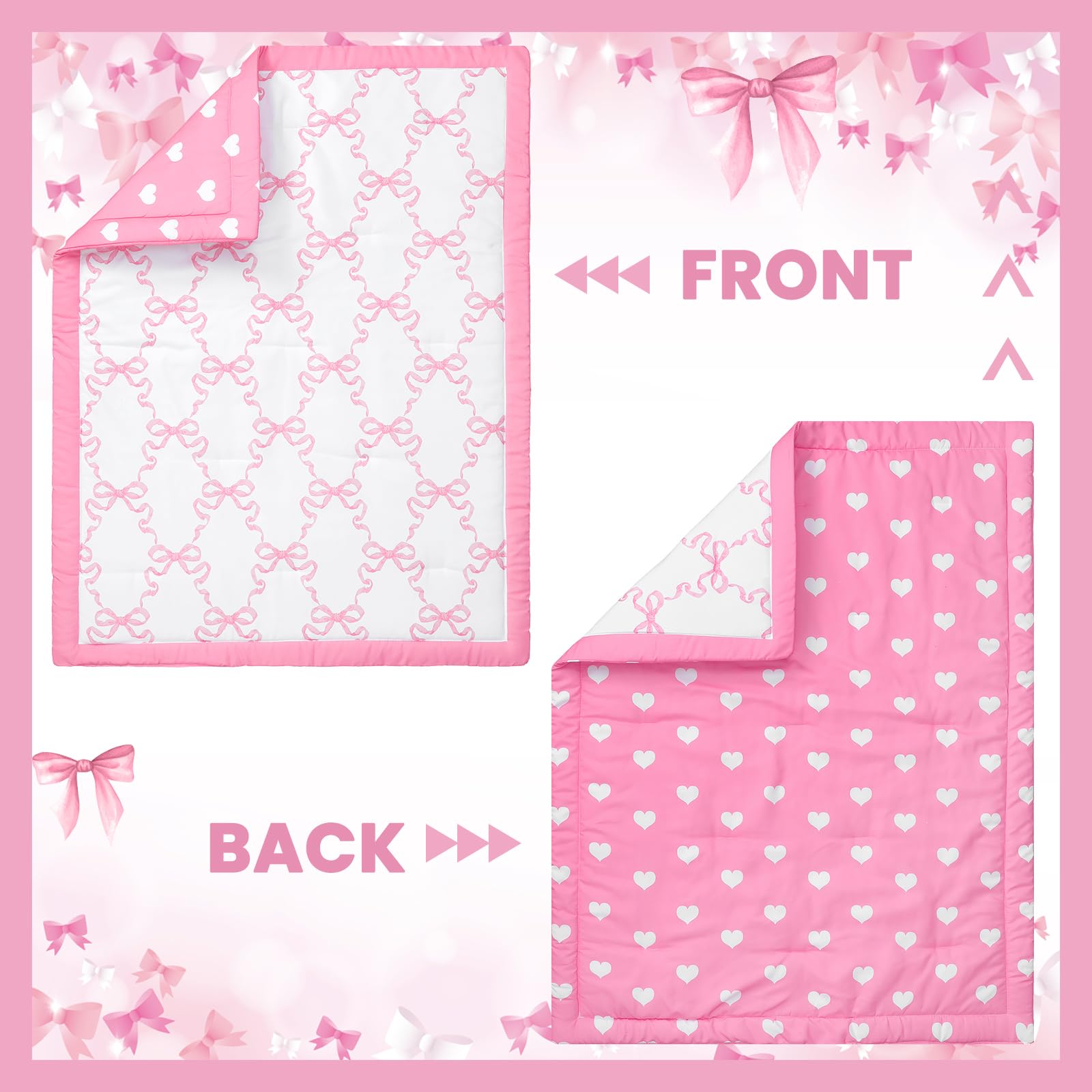 Hahafelt Juego de ropa de cama de 3 piezas para cuna de bebé, coqueta con lazo rosa, para niñas, coqueto, lazo de corazón rosa, incluye edredón, sábana bajera ajustable y falda