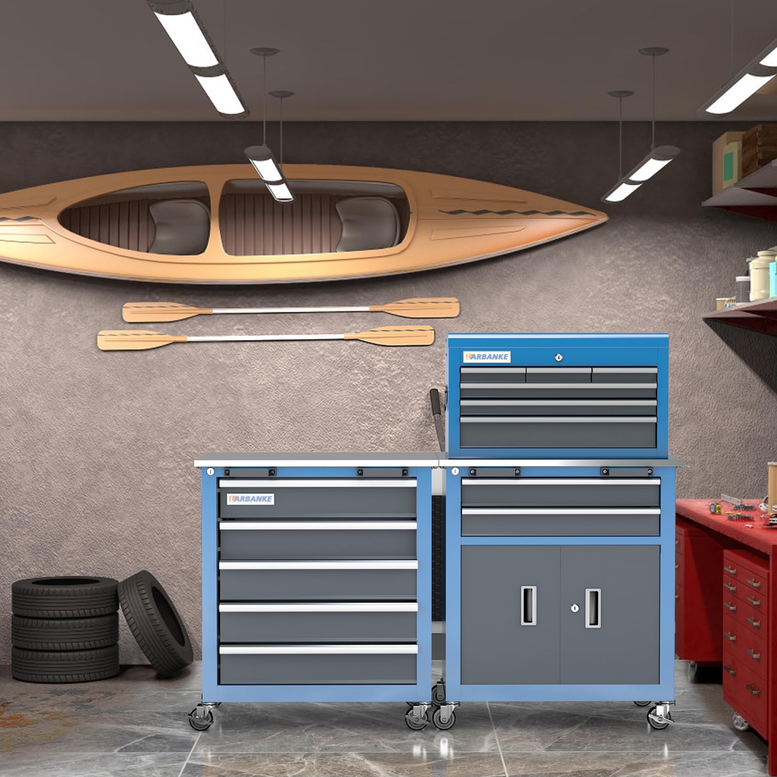 LARBANKE Carrello da officina con 5 e 8 cassetti, ruote con freno universali, piedini in gomma morbida e piano del tavolo in acciaio inox. Le scatole possono essere collegate tra loro tramite