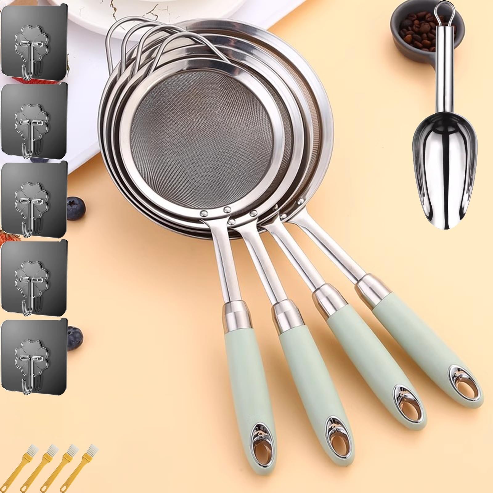 Tamiz de harina de acero inoxidable, juego de 4 piezas de tamiz de cocina de acero inoxidable, colador de freír, tamiz de harina de cocina para tamizar o drenar