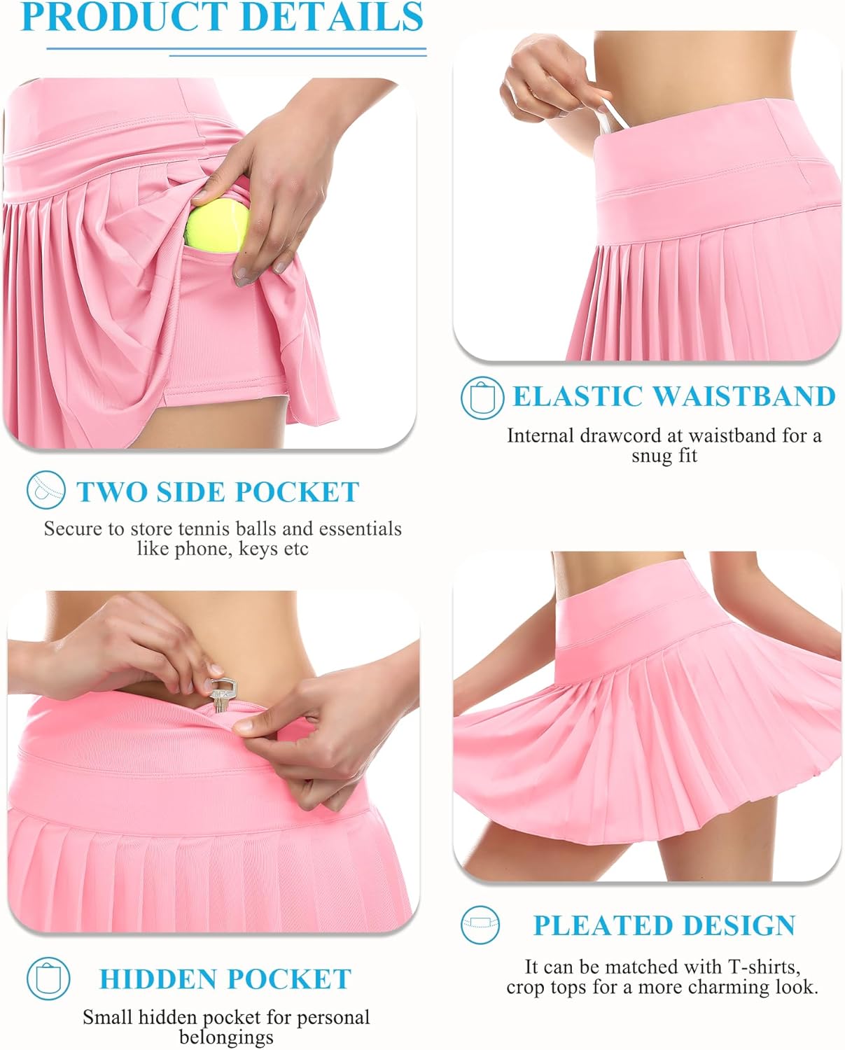 DERCA Pleated Tennis Skirt for Women with Pockets Shorts Athletic Golf Skirts Workout Sports Activewear Skort - Image 4