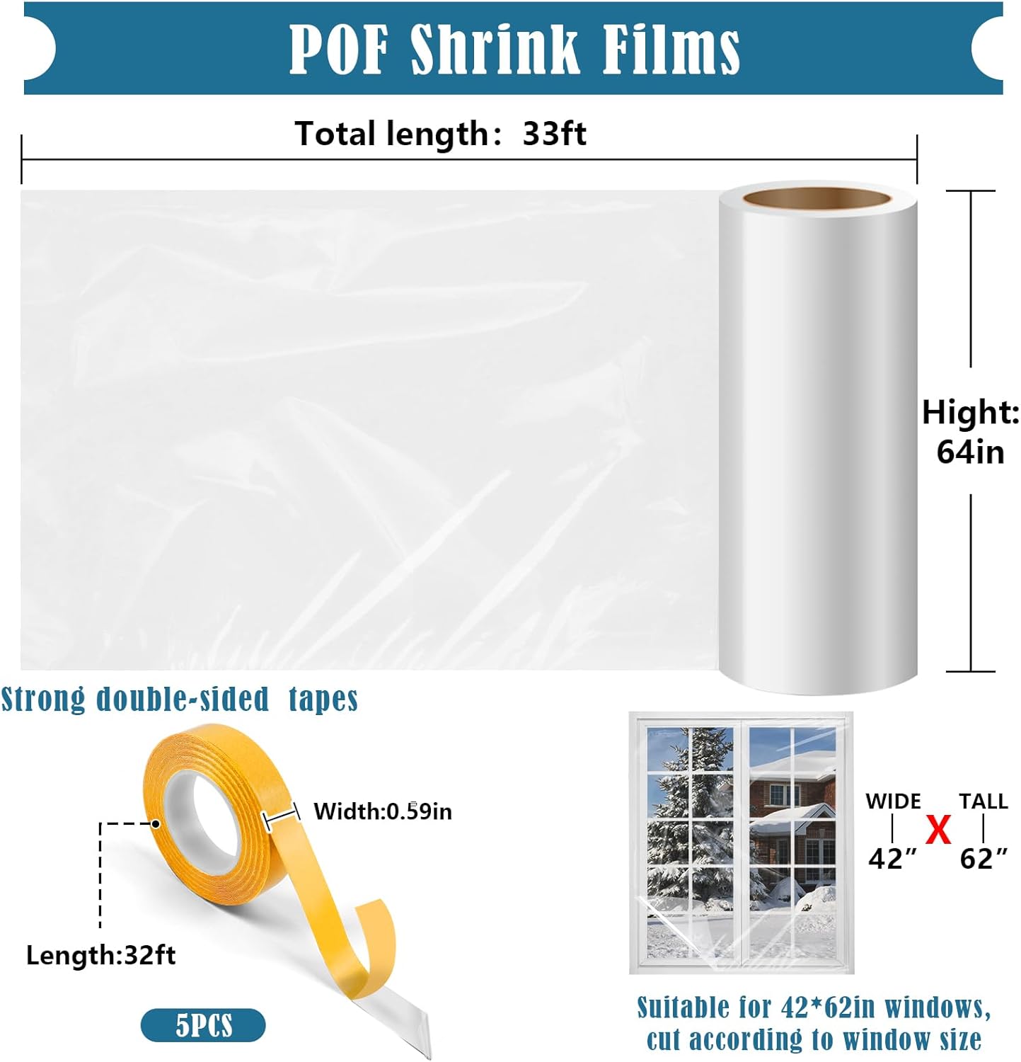 window insulation kit, 63 × 394 inch plastic window coverings for winter, thicken window shrink film insulator kit windows waterproof winterizing with 5 double-sided tape for 10 pcs 3 x 5 ft windows